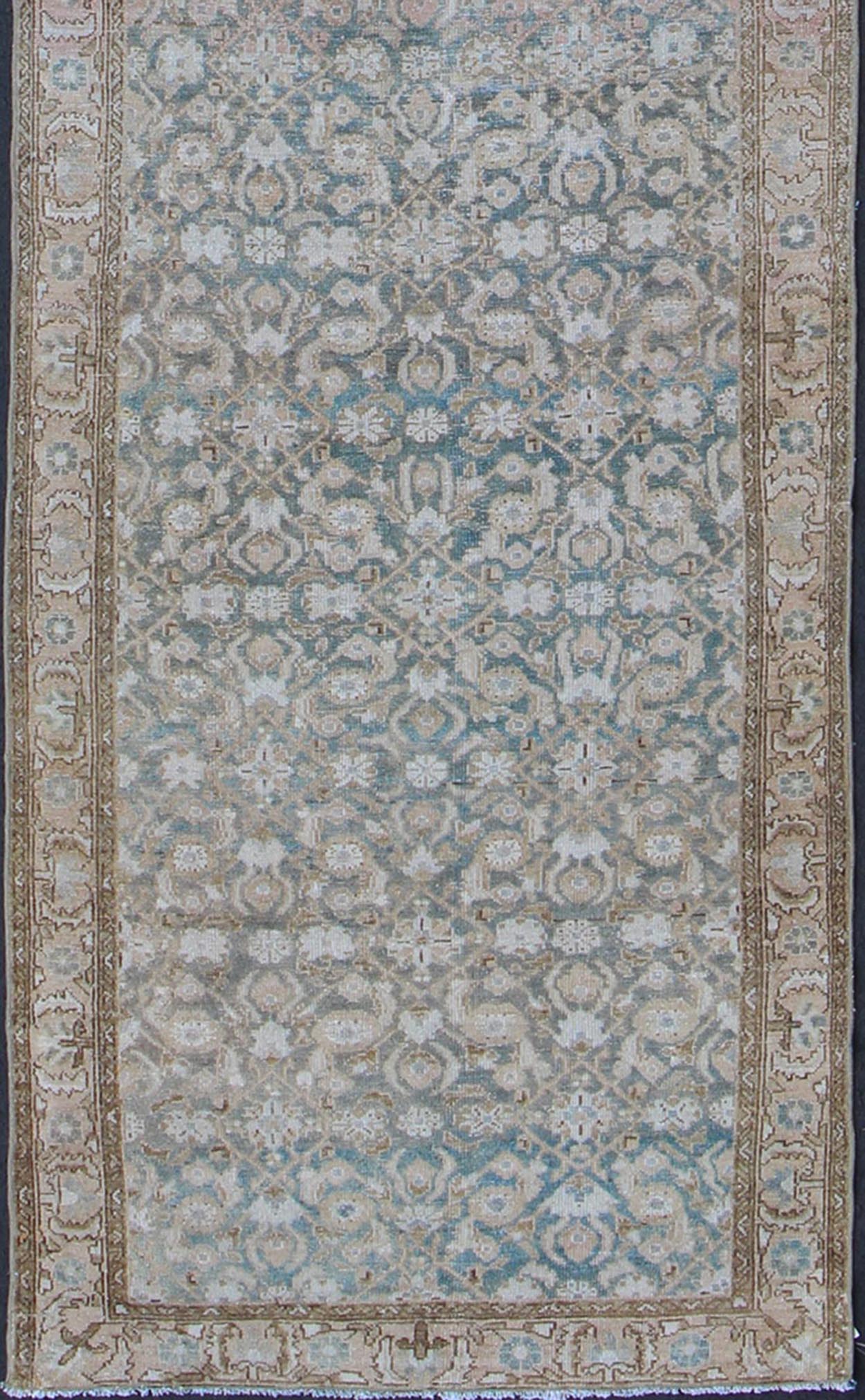 Antique Persian Malayer Runner With Herati Design in Light Tones of Light Blue and Cream. Keivan Woven Arts / rug EN - 176451, country of origin / type: Iran / Mahal, circa 1920 Measures: 3'6 x 15'1. This antique Persian Malayer runner, circa earl... - Keivan Woven ArtsEN - 176451 - 10114Rug