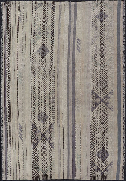Stripe Design Turkish Vintage Flat - Weave Rug in Shades Grey, Brown, and Lavender. Keivan Woven Arts / rug EN - 176469, country of origin / type: Turkey / Kilim, circa 1950 This vintage Turkish Kilim rug features a contemporary geometric stripe des... - Keivan Woven ArtsEN - 176469 - 17454Rug