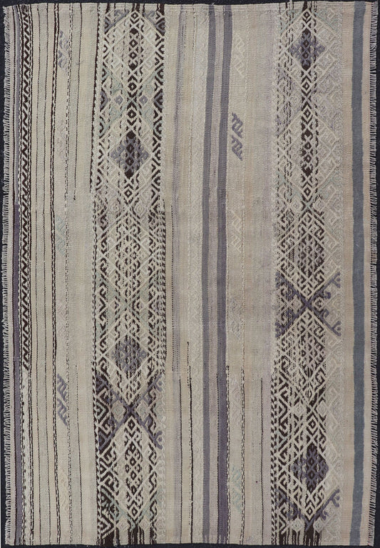 Stripe Design Turkish Vintage Flat - Weave Rug in Shades Grey, Brown, and Lavender. Keivan Woven Arts / rug EN - 176469, country of origin / type: Turkey / Kilim, circa 1950 This vintage Turkish Kilim rug features a contemporary geometric stripe des... - Keivan Woven ArtsEN - 176469 - 17454