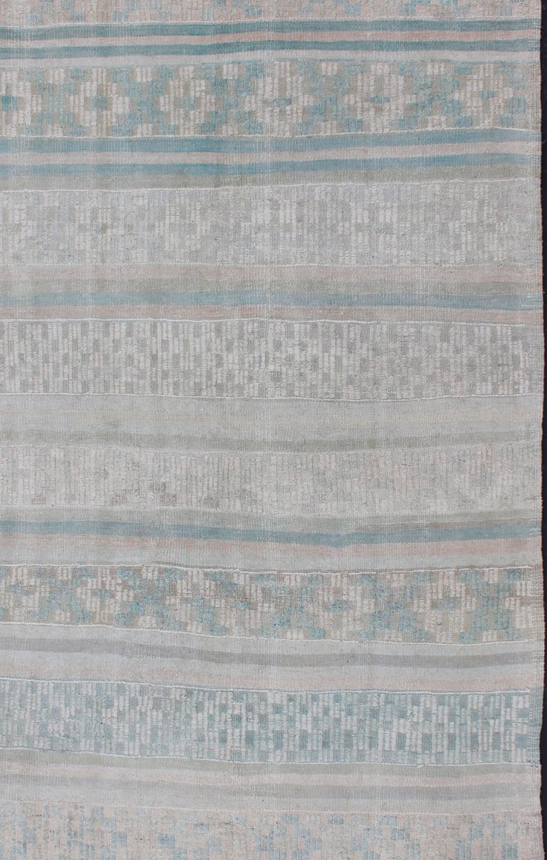 Vintage Flat - Weave Kilim with Embroideries in Blush, Green, Blue and Gray kwarugs Vintage flat - weave Kilim with embroideries in blush, green, blue and gray with a modern design geometric stripe design Vintage Kilim from Turkey, Keivan Wo... - Keivan Woven ArtsEN - 176470 - 11389Rug