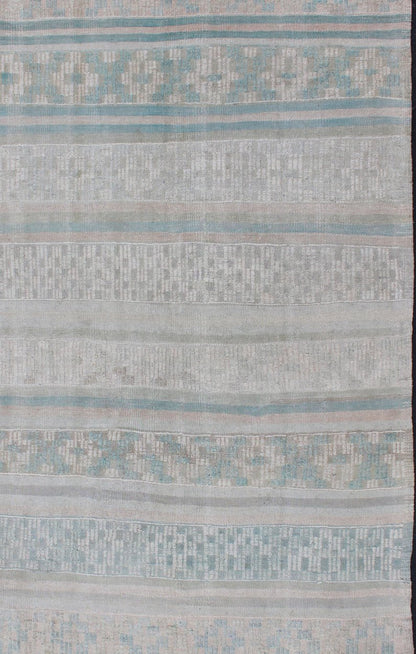 Vintage Flat - Weave Kilim with Embroideries in Blush, Green, Blue and Gray kwarugs Vintage flat - weave Kilim with embroideries in blush, green, blue and gray with a modern design geometric stripe design Vintage Kilim from Turkey, Keivan Wo... - Keivan Woven ArtsEN - 176470 - 11389Rug