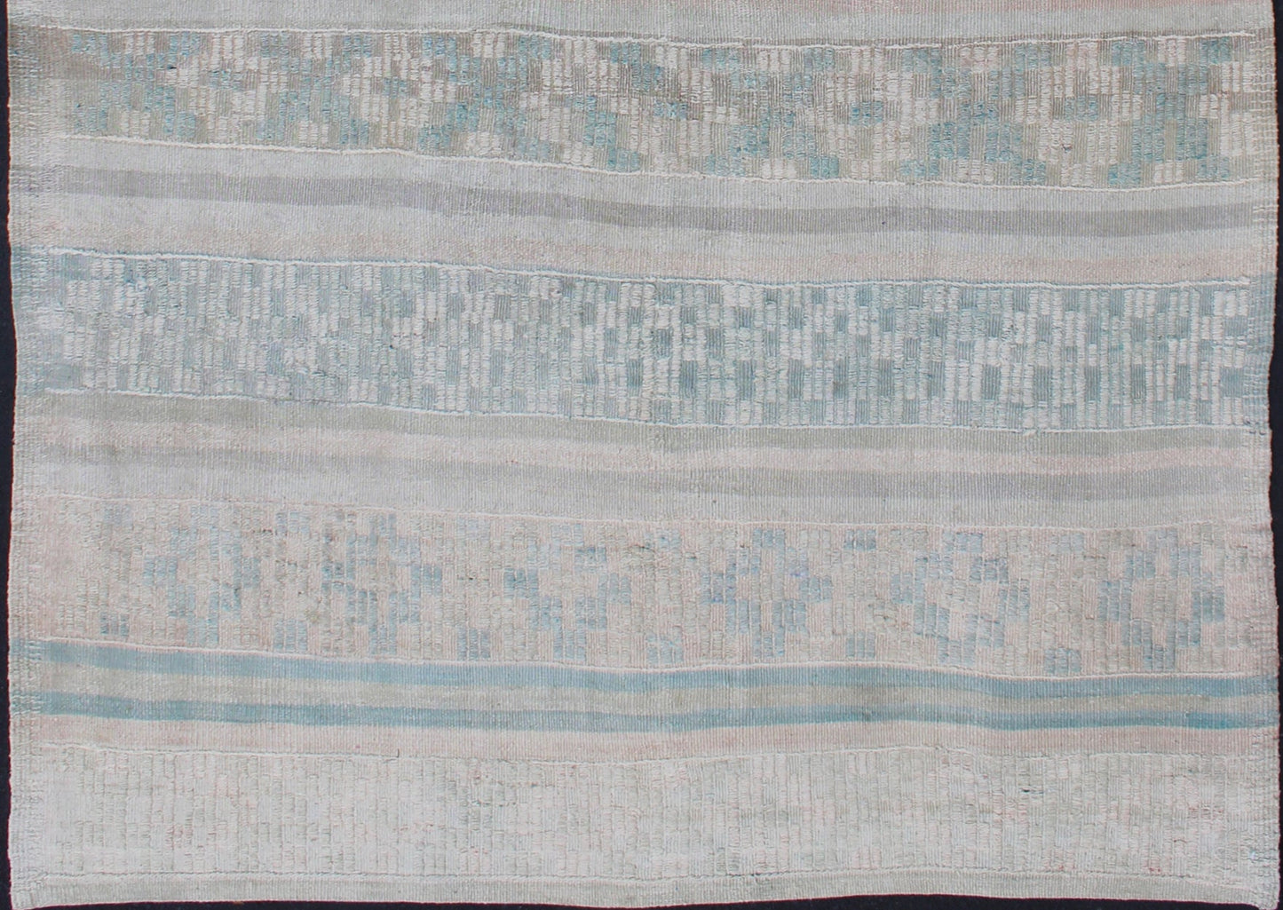 Vintage Flat - Weave Kilim with Embroideries in Blush, Green, Blue and Gray kwarugs Vintage flat - weave Kilim with embroideries in blush, green, blue and gray with a modern design geometric stripe design Vintage Kilim from Turkey, Keivan Wo... - Keivan Woven ArtsEN - 176470 - 11389Rug