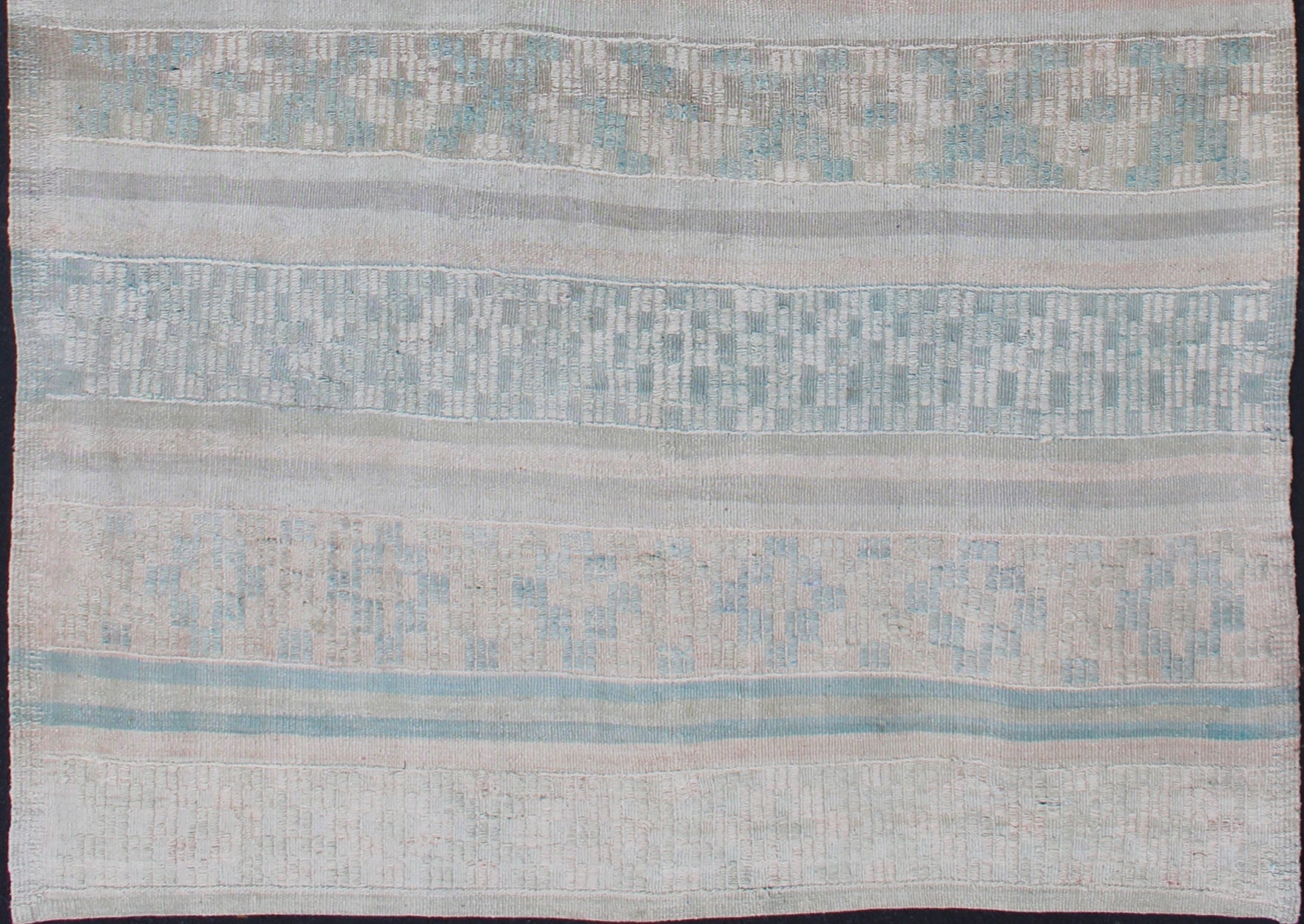 Vintage Flat - Weave Kilim with Embroideries in Blush, Green, Blue and Gray kwarugs Vintage flat - weave Kilim with embroideries in blush, green, blue and gray with a modern design geometric stripe design Vintage Kilim from Turkey, Keivan Wo... - Keivan Woven ArtsEN - 176470 - 11389Rug