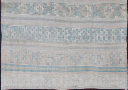 Vintage Flat - Weave Kilim with Embroideries in Blush, Green, Blue and Gray kwarugs Vintage flat - weave Kilim with embroideries in blush, green, blue and gray with a modern design geometric stripe design Vintage Kilim from Turkey, Keivan Wo... - Keivan Woven ArtsEN - 176470 - 11389Rug
