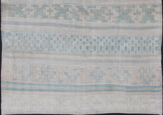 Vintage Flat - Weave Kilim with Embroideries in Blush, Green, Blue and Gray kwarugs Vintage flat - weave Kilim with embroideries in blush, green, blue and gray with a modern design geometric stripe design Vintage Kilim from Turkey, Keivan Wo... - Keivan Woven ArtsEN - 176470 - 11389Rug