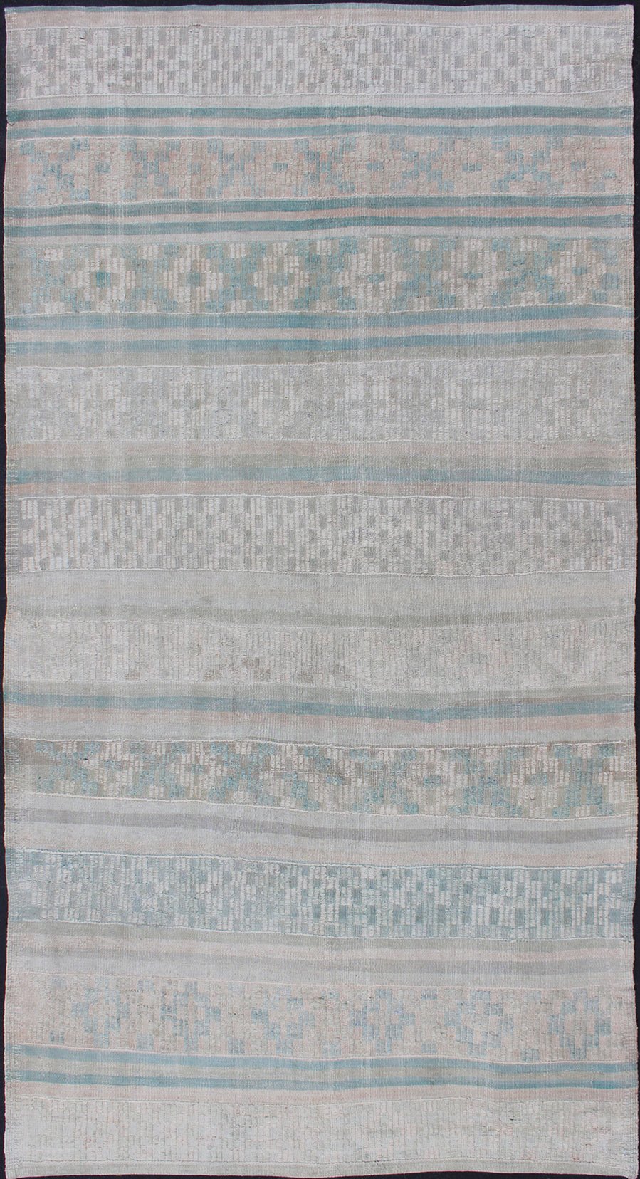 Vintage Flat - Weave Kilim with Embroideries in Blush, Green, Blue and Gray kwarugs Vintage flat - weave Kilim with embroideries in blush, green, blue and gray with a modern design geometric stripe design Vintage Kilim from Turkey, Keivan Wo... - Keivan Woven ArtsEN - 176470 - 11389Rug