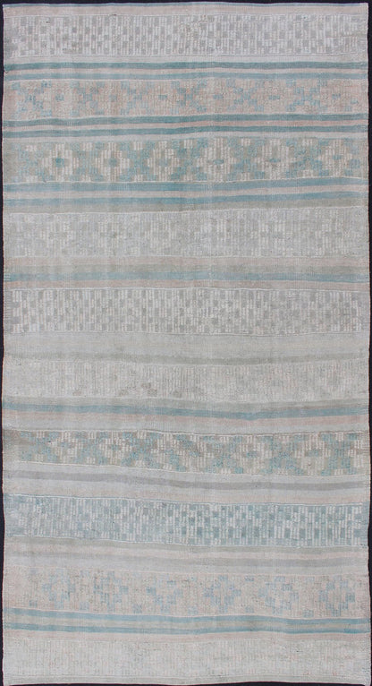 Vintage Flat - Weave Kilim with Embroideries in Blush, Green, Blue and Gray kwarugs Vintage flat - weave Kilim with embroideries in blush, green, blue and gray with a modern design geometric stripe design Vintage Kilim from Turkey, Keivan Wo... - Keivan Woven ArtsEN - 176470 - 11389Rug