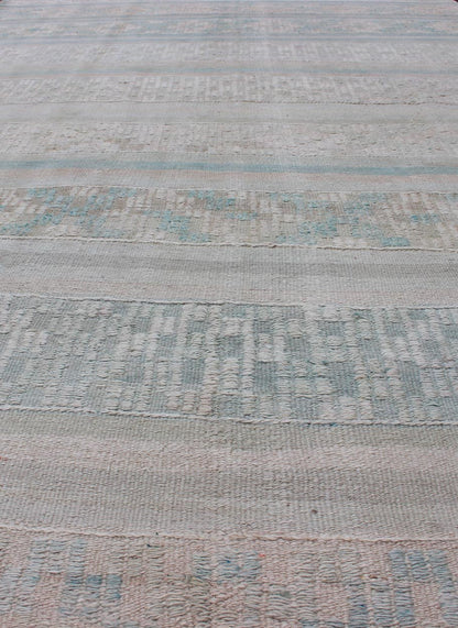 Vintage Flat - Weave Kilim with Embroideries in Blush, Green, Blue and Gray kwarugs Vintage flat - weave Kilim with embroideries in blush, green, blue and gray with a modern design geometric stripe design Vintage Kilim from Turkey, Keivan Wo... - Keivan Woven ArtsEN - 176470 - 11389Rug