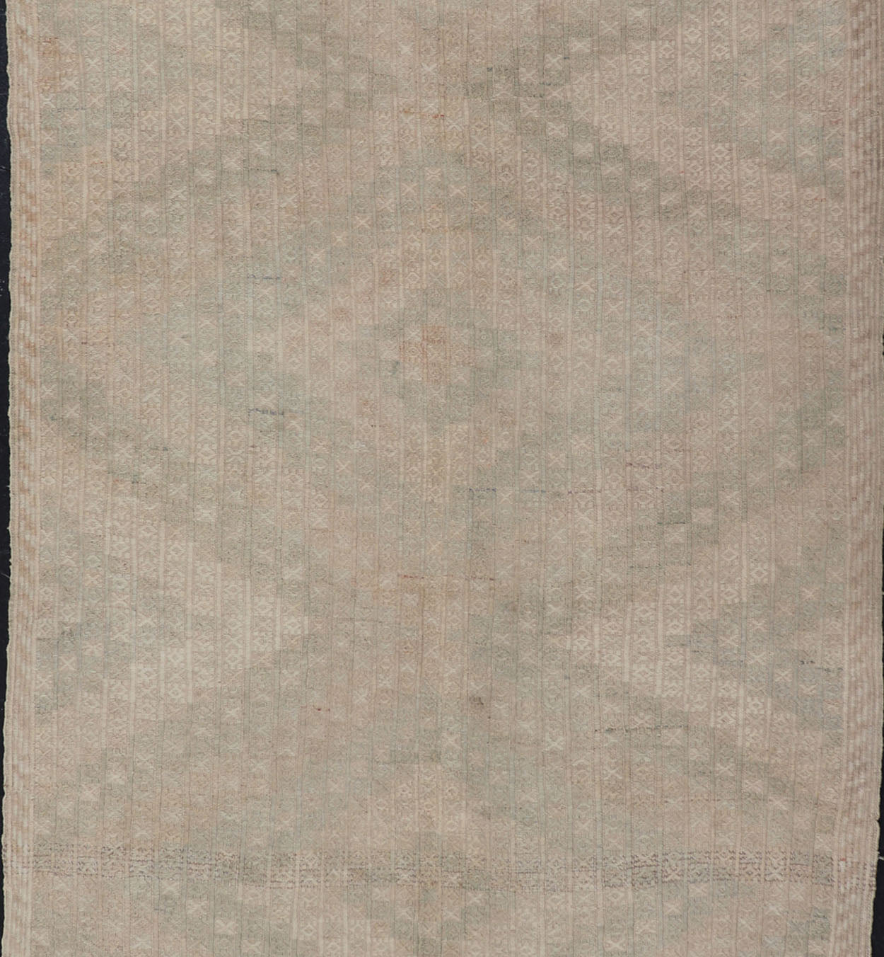 Vintage Gallery Turkish Embroidered Rug with Geometric Design in Soft Tones. Vintage Gallery Turkish Embroidered Rug with Geometric Design in Soft Tones. Embroidered vintage flat weave gallery rug from Turkey in shades of tan, taupe, green, ... - Keivan Woven ArtsEN - 176475 - 17628Rug