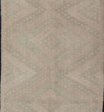 Vintage Gallery Turkish Embroidered Rug with Geometric Design in Soft Tones. Vintage Gallery Turkish Embroidered Rug with Geometric Design in Soft Tones. Embroidered vintage flat weave gallery rug from Turkey in shades of tan, taupe, green, ... - Keivan Woven ArtsEN - 176475 - 17628Rug