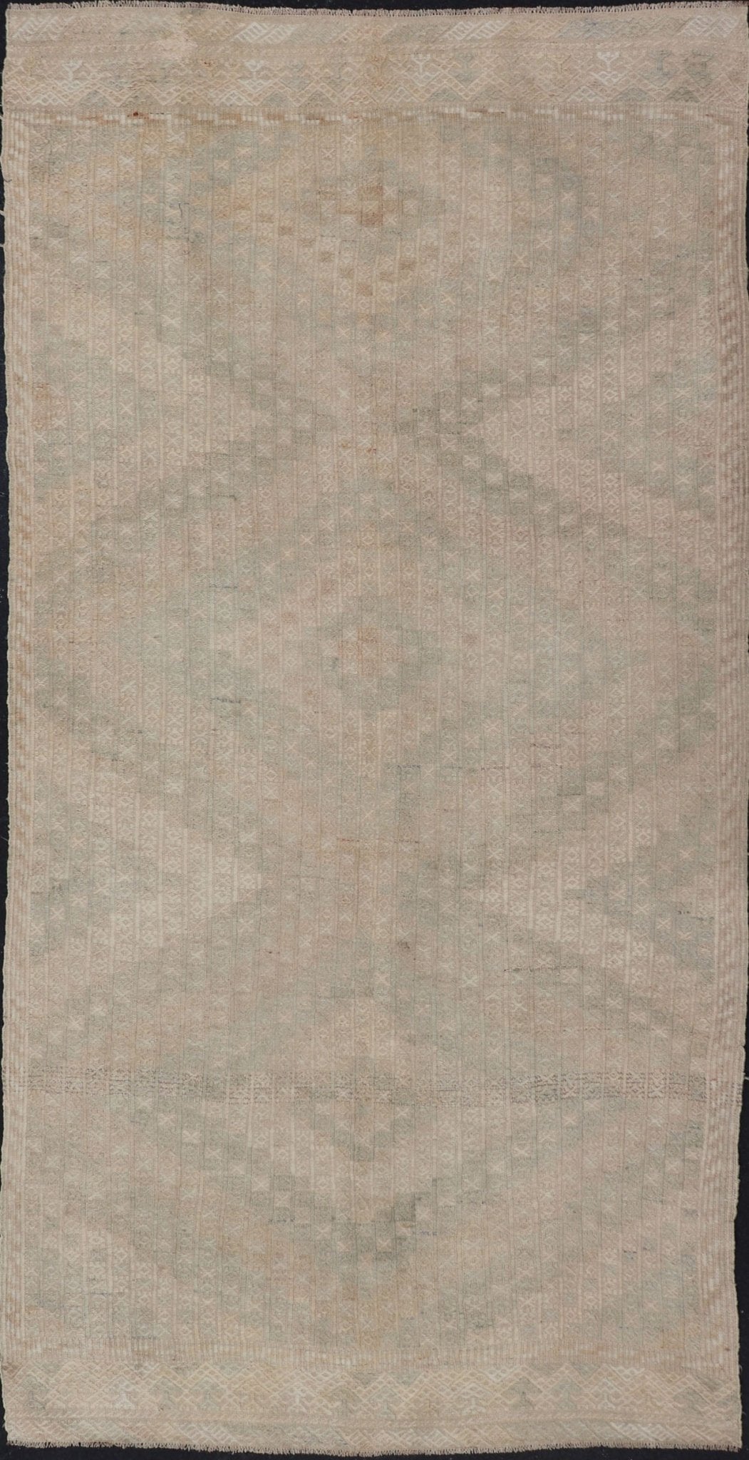 Vintage Gallery Turkish Embroidered Rug with Geometric Design in Soft Tones. Vintage Gallery Turkish Embroidered Rug with Geometric Design in Soft Tones. Embroidered vintage flat weave gallery rug from Turkey in shades of tan, taupe, green, ... - Keivan Woven ArtsEN - 176475 - 17628