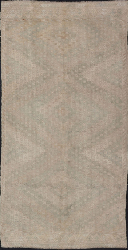 Vintage Gallery Turkish Embroidered Rug with Geometric Design in Soft Tones. Vintage Gallery Turkish Embroidered Rug with Geometric Design in Soft Tones. Embroidered vintage flat weave gallery rug from Turkey in shades of tan, taupe, green, ... - Keivan Woven ArtsEN - 176475 - 17628