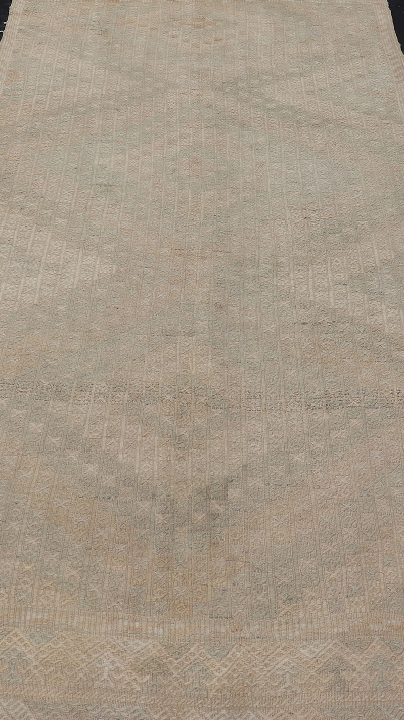 Vintage Gallery Turkish Embroidered Rug with Geometric Design in Soft Tones. Vintage Gallery Turkish Embroidered Rug with Geometric Design in Soft Tones. Embroidered vintage flat weave gallery rug from Turkey in shades of tan, taupe, green, ... - Keivan Woven ArtsEN - 176475 - 17628