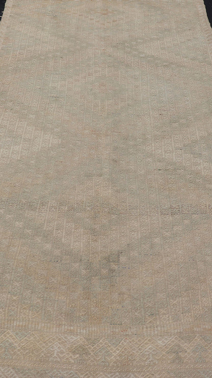 Vintage Gallery Turkish Embroidered Rug with Geometric Design in Soft Tones. Vintage Gallery Turkish Embroidered Rug with Geometric Design in Soft Tones. Embroidered vintage flat weave gallery rug from Turkey in shades of tan, taupe, green, ... - Keivan Woven ArtsEN - 176475 - 17628