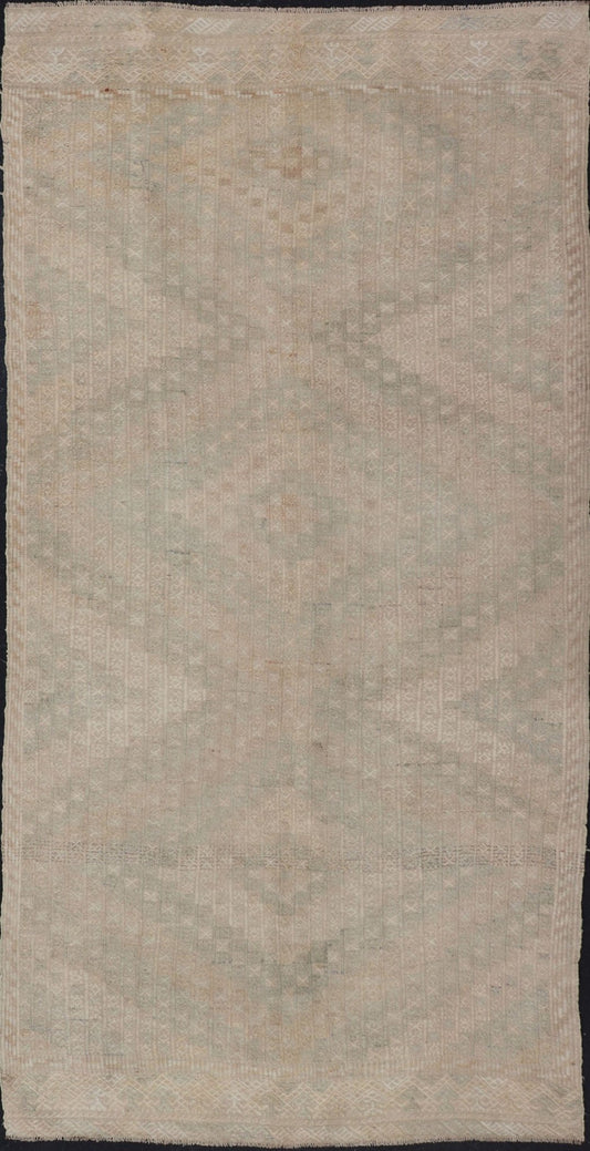 Vintage Gallery Turkish Embroidered Rug with Geometric Design in Soft Tones. Vintage Gallery Turkish Embroidered Rug with Geometric Design in Soft Tones. Embroidered vintage flat weave gallery rug from Turkey in shades of tan, taupe, green, ... - Keivan Woven ArtsEN - 176475 - 17628Rug