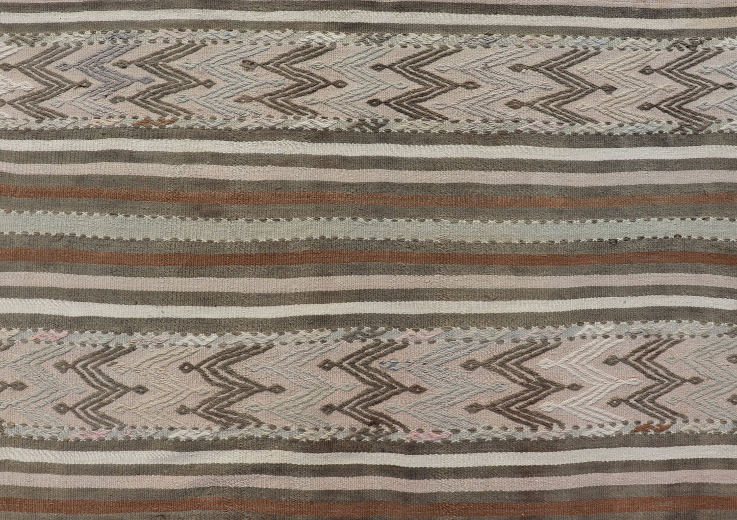 Turkish Flat - Weave Kilim in Muted Colors with Stripes and Embroideries Turkish Kilim vintage carpet in light taupe, green, Tan, Light Brown, and beige and cream, Keivan Woven Arts / rug EN - 176476, country of origin / type: Turkey / Kilim, ci... - Keivan Woven ArtsEN - 176476 - 17460Rug