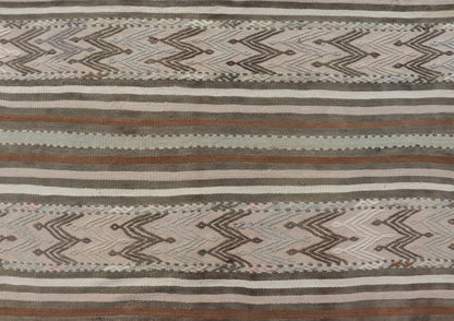 Turkish Flat - Weave Kilim in Muted Colors with Stripes and Embroideries Turkish Kilim vintage carpet in light taupe, green, Tan, Light Brown, and beige and cream, Keivan Woven Arts / rug EN - 176476, country of origin / type: Turkey / Kilim, ci... - Keivan Woven ArtsEN - 176476 - 17460Rug