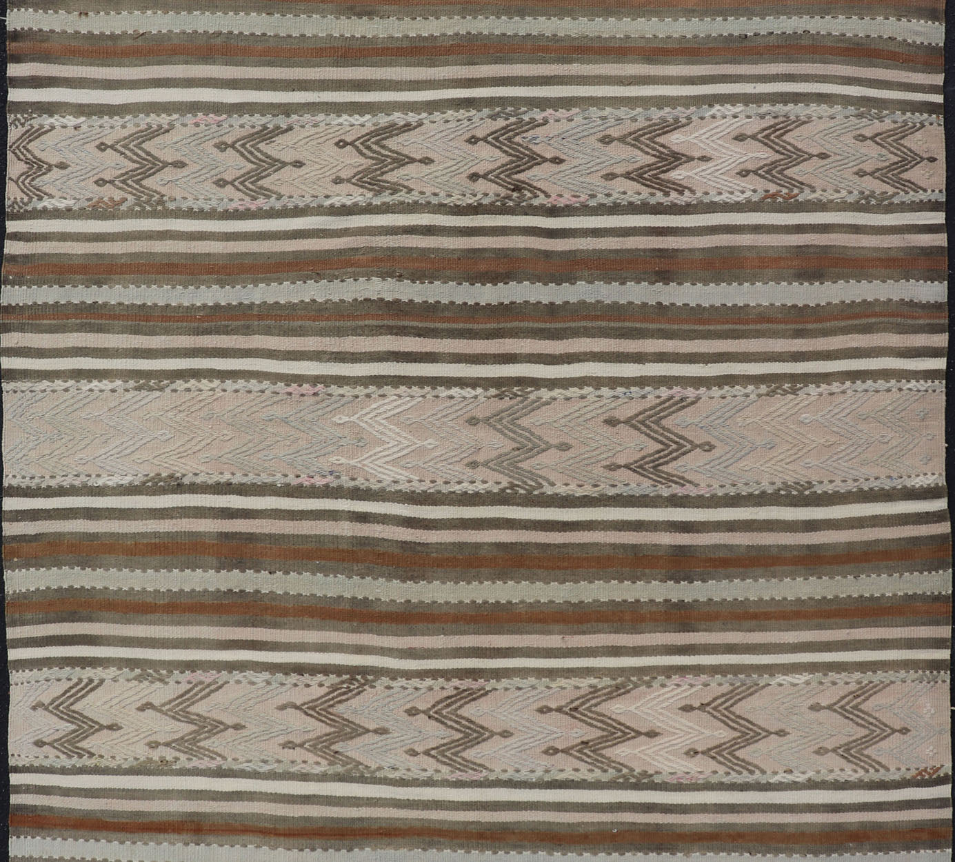 Turkish Flat - Weave Kilim in Muted Colors with Stripes and Embroideries Turkish Kilim vintage carpet in light taupe, green, Tan, Light Brown, and beige and cream, Keivan Woven Arts / rug EN - 176476, country of origin / type: Turkey / Kilim, ci... - Keivan Woven ArtsEN - 176476 - 17460Rug