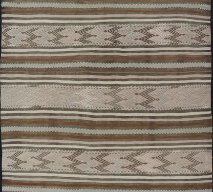Turkish Flat - Weave Kilim in Muted Colors with Stripes and Embroideries Turkish Kilim vintage carpet in light taupe, green, Tan, Light Brown, and beige and cream, Keivan Woven Arts / rug EN - 176476, country of origin / type: Turkey / Kilim, ci... - Keivan Woven ArtsEN - 176476 - 17460Rug