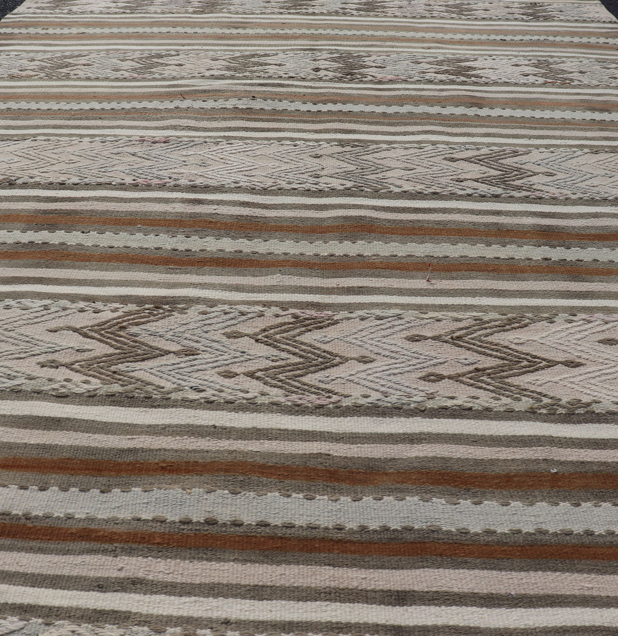 Turkish Flat - Weave Kilim in Muted Colors with Stripes and Embroideries Turkish Kilim vintage carpet in light taupe, green, Tan, Light Brown, and beige and cream, Keivan Woven Arts / rug EN - 176476, country of origin / type: Turkey / Kilim, ci... - Keivan Woven ArtsEN - 176476 - 17460Rug