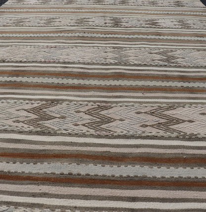 Turkish Flat - Weave Kilim in Muted Colors with Stripes and Embroideries Turkish Kilim vintage carpet in light taupe, green, Tan, Light Brown, and beige and cream, Keivan Woven Arts / rug EN - 176476, country of origin / type: Turkey / Kilim, ci... - Keivan Woven ArtsEN - 176476 - 17460Rug