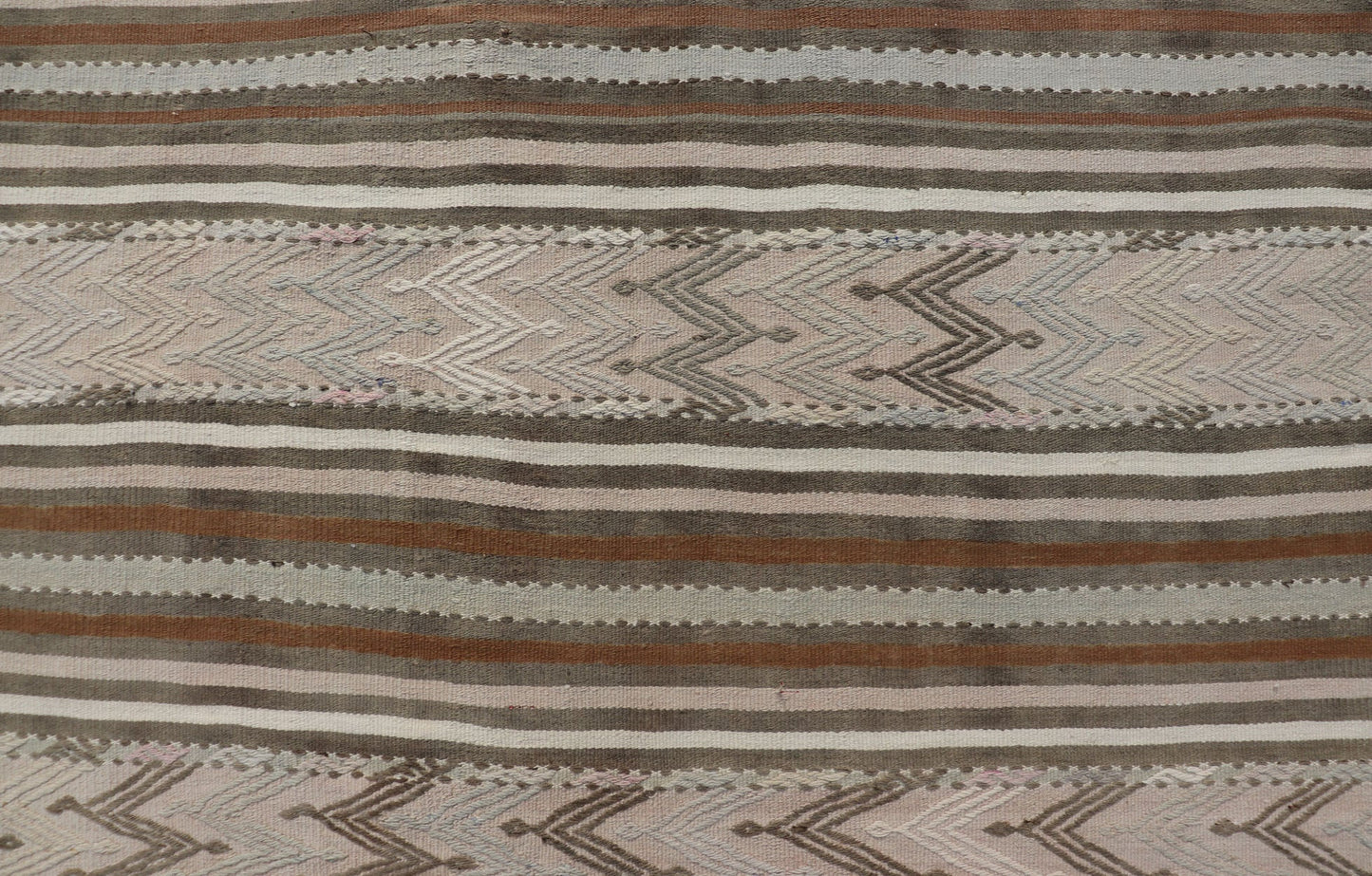 Turkish Flat - Weave Kilim in Muted Colors with Stripes and Embroideries Turkish Kilim vintage carpet in light taupe, green, Tan, Light Brown, and beige and cream, Keivan Woven Arts / rug EN - 176476, country of origin / type: Turkey / Kilim, ci... - Keivan Woven ArtsEN - 176476 - 17460Rug