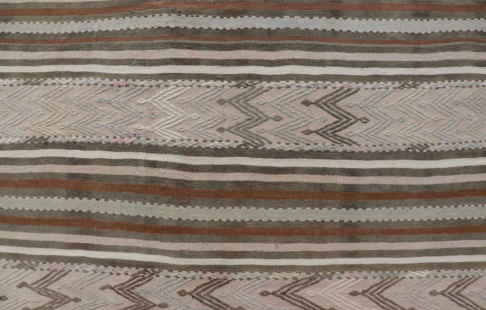 Turkish Flat - Weave Kilim in Muted Colors with Stripes and Embroideries Turkish Kilim vintage carpet in light taupe, green, Tan, Light Brown, and beige and cream, Keivan Woven Arts / rug EN - 176476, country of origin / type: Turkey / Kilim, ci... - Keivan Woven ArtsEN - 176476 - 17460Rug