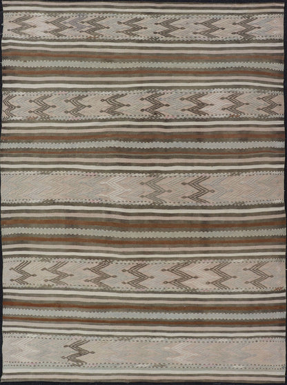 Turkish Flat - Weave Kilim in Muted Colors with Stripes and Embroideries Turkish Kilim vintage carpet in light taupe, green, Tan, Light Brown, and beige and cream, Keivan Woven Arts / rug EN - 176476, country of origin / type: Turkey / Kilim, ci... - Keivan Woven ArtsEN - 176476 - 17460Rug