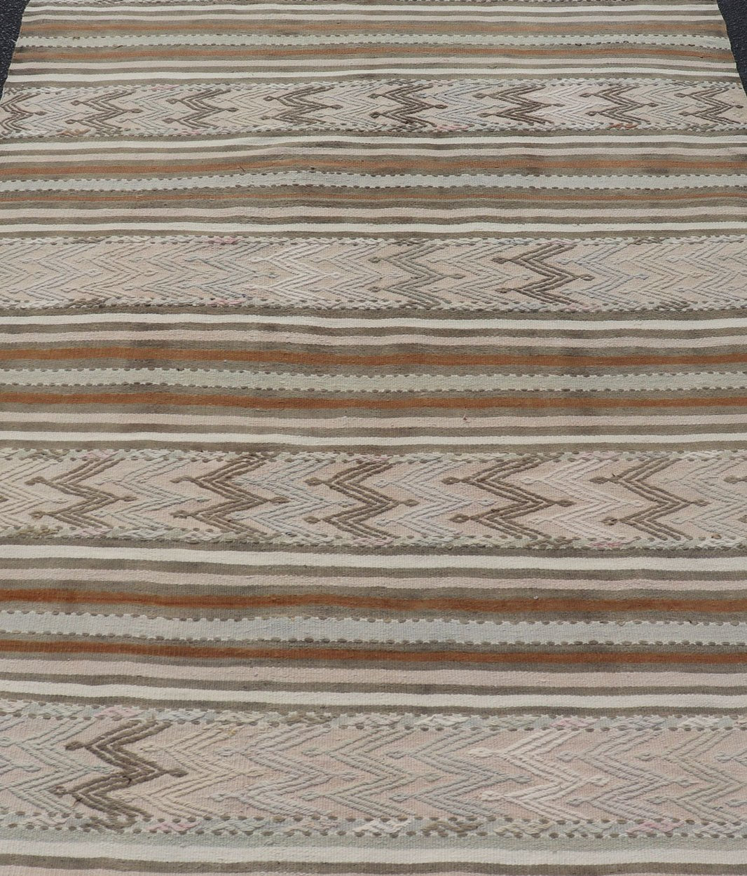 Turkish Flat - Weave Kilim in Muted Colors with Stripes and Embroideries Turkish Kilim vintage carpet in light taupe, green, Tan, Light Brown, and beige and cream, Keivan Woven Arts / rug EN - 176476, country of origin / type: Turkey / Kilim, ci... - Keivan Woven ArtsEN - 176476 - 17460Rug