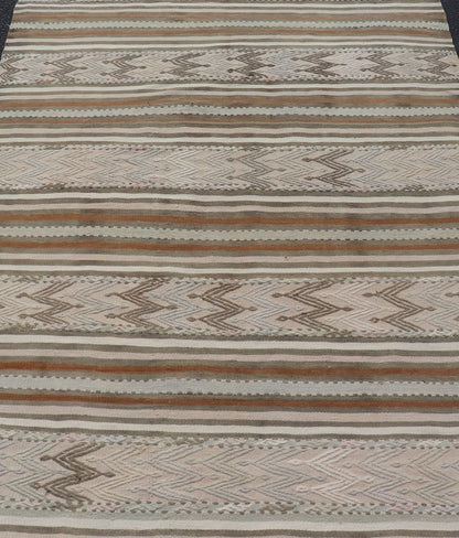 Turkish Flat - Weave Kilim in Muted Colors with Stripes and Embroideries Turkish Kilim vintage carpet in light taupe, green, Tan, Light Brown, and beige and cream, Keivan Woven Arts / rug EN - 176476, country of origin / type: Turkey / Kilim, ci... - Keivan Woven ArtsEN - 176476 - 17460Rug