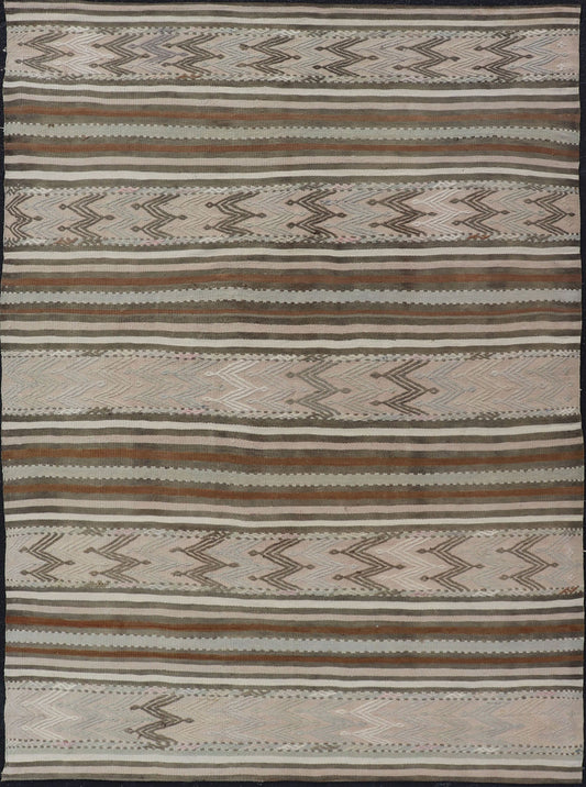 Turkish Flat - Weave Kilim in Muted Colors with Stripes and Embroideries Turkish Kilim vintage carpet in light taupe, green, Tan, Light Brown, and beige and cream, Keivan Woven Arts / rug EN - 176476, country of origin / type: Turkey / Kilim, ci... - Keivan Woven ArtsEN - 176476 - 17460