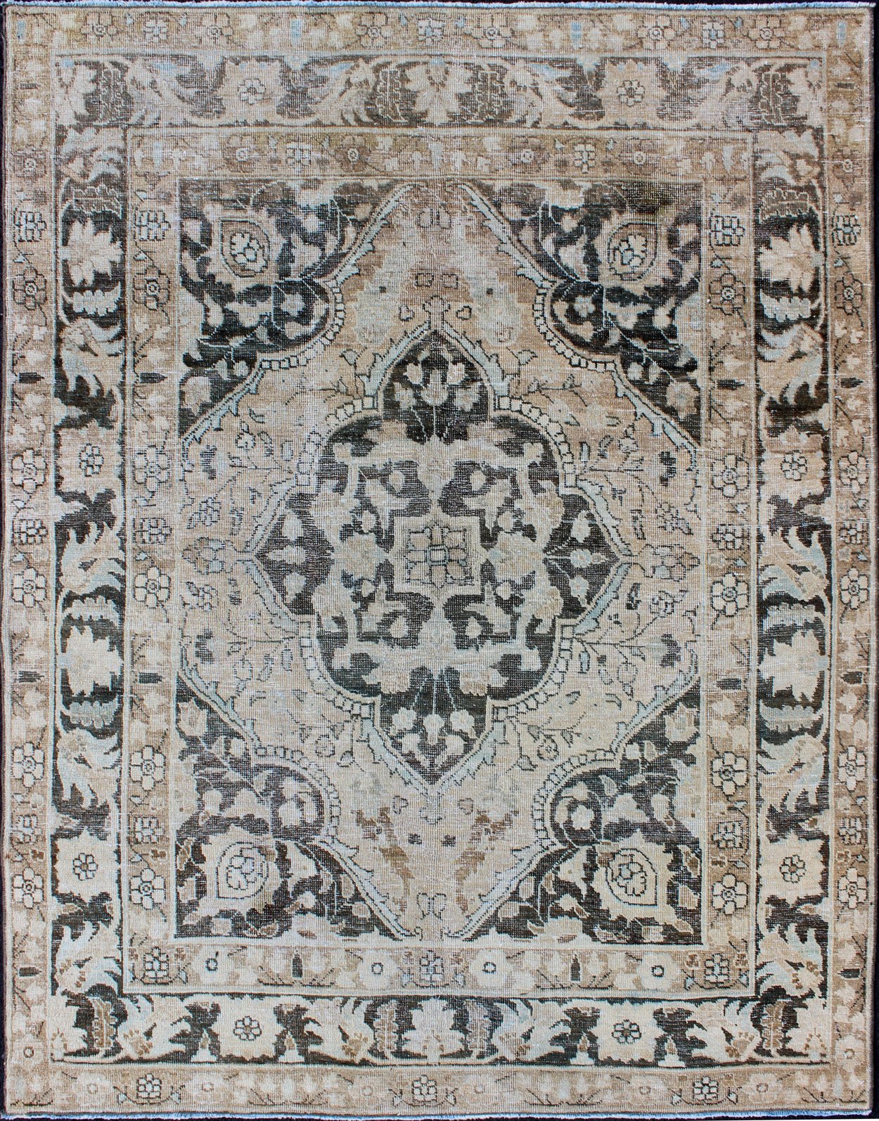 Antique Persian Haj - Jalili Tabriz Rug with Geometric Medallion Design in D. Charcoal, Light Honey, Light blue & Taupe This wonderful antique Persian Tabriz with geometrics and flora in dark gray medallion, cornices and border Keivan Woven Arts ... - Keivan Woven ArtsEN - 176489 - 10177Rug