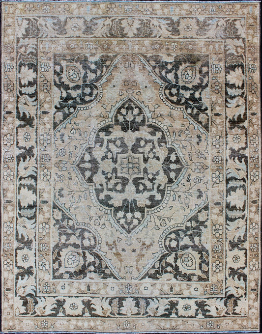 Antique Persian Haj - Jalili Tabriz Rug with Geometric Medallion Design in D. Charcoal, Light Honey, Light blue & Taupe This wonderful antique Persian Tabriz with geometrics and flora in dark gray medallion, cornices and border Keivan Woven Arts ... - Keivan Woven ArtsEN - 176489 - 10177Rug