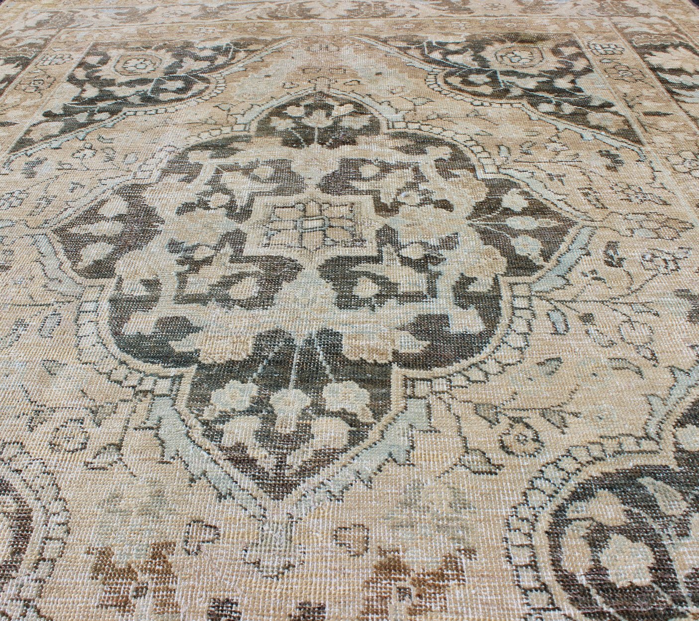 Antique Persian Haj - Jalili Tabriz Rug with Geometric Medallion Design in D. Charcoal, Light Honey, Light blue & Taupe This wonderful antique Persian Tabriz with geometrics and flora in dark gray medallion, cornices and border Keivan Woven Arts ... - Keivan Woven ArtsEN - 176489 - 10177Rug