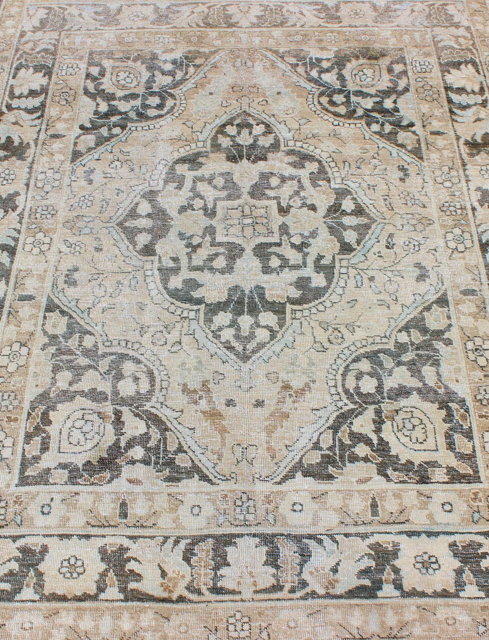 Antique Persian Haj - Jalili Tabriz Rug with Geometric Medallion Design in D. Charcoal, Light Honey, Light blue & Taupe This wonderful antique Persian Tabriz with geometrics and flora in dark gray medallion, cornices and border Keivan Woven Arts ... - Keivan Woven ArtsEN - 176489 - 10177Rug