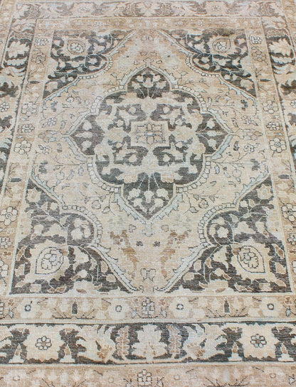 Antique Persian Haj - Jalili Tabriz Rug with Geometric Medallion Design in D. Charcoal, Light Honey, Light blue & Taupe This wonderful antique Persian Tabriz with geometrics and flora in dark gray medallion, cornices and border Keivan Woven Arts ... - Keivan Woven ArtsEN - 176489 - 10177Rug