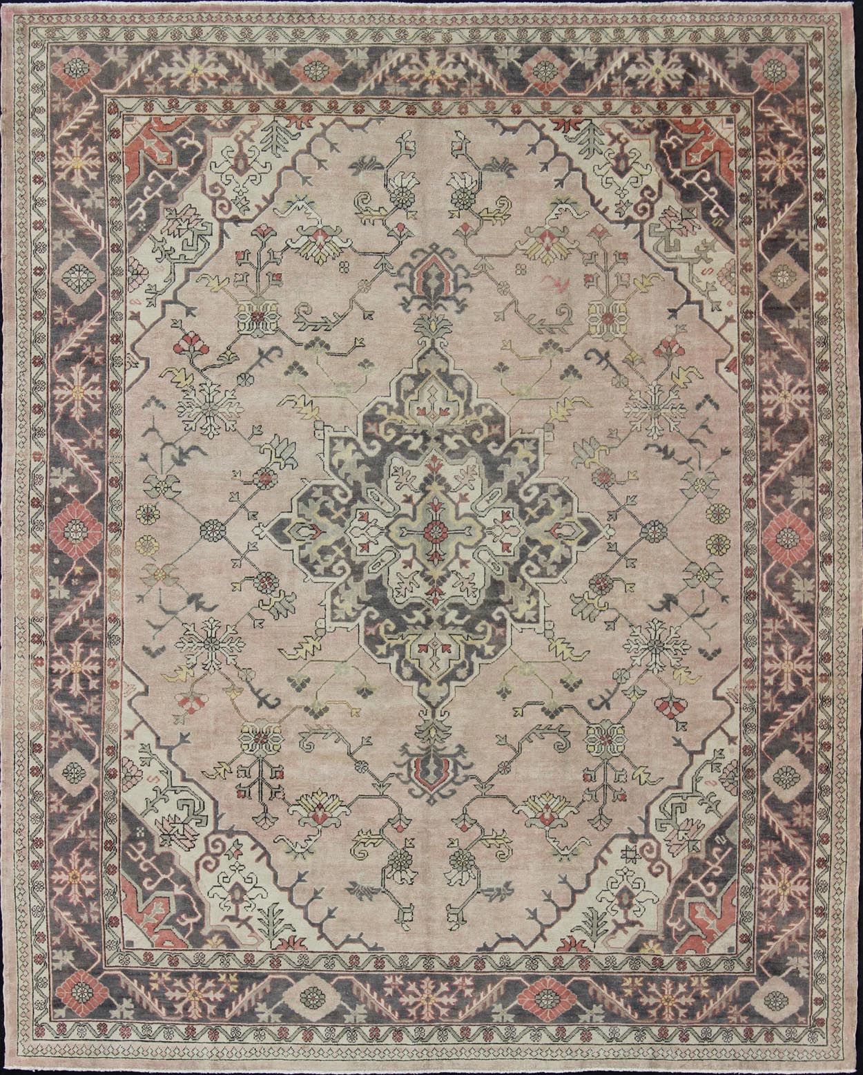 Antique Hand - Knotted Turkish Medallion Oushak in Blush, Ivory and Charcoal. Keivan Woven Arts: rug EN - 176497, Country of Origin: Turkey; Type: Oushak; Design: Diamond Medallion, Oushak Medallion Measures: 9'9 x 11'10 This striking vintage Turkish... - Keivan Woven ArtsEN - 176497 - 11020Rug