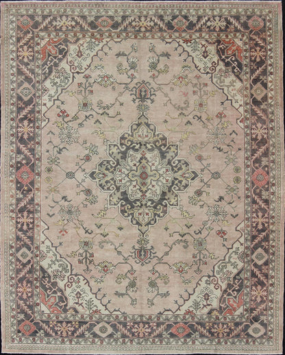 Antique Hand - Knotted Turkish Medallion Oushak in Blush, Ivory and Charcoal. Keivan Woven Arts: rug EN - 176497, Country of Origin: Turkey; Type: Oushak; Design: Diamond Medallion, Oushak Medallion Measures: 9'9 x 11'10 This striking vintage Turkish... - Keivan Woven ArtsEN - 176497 - 11020Rug
