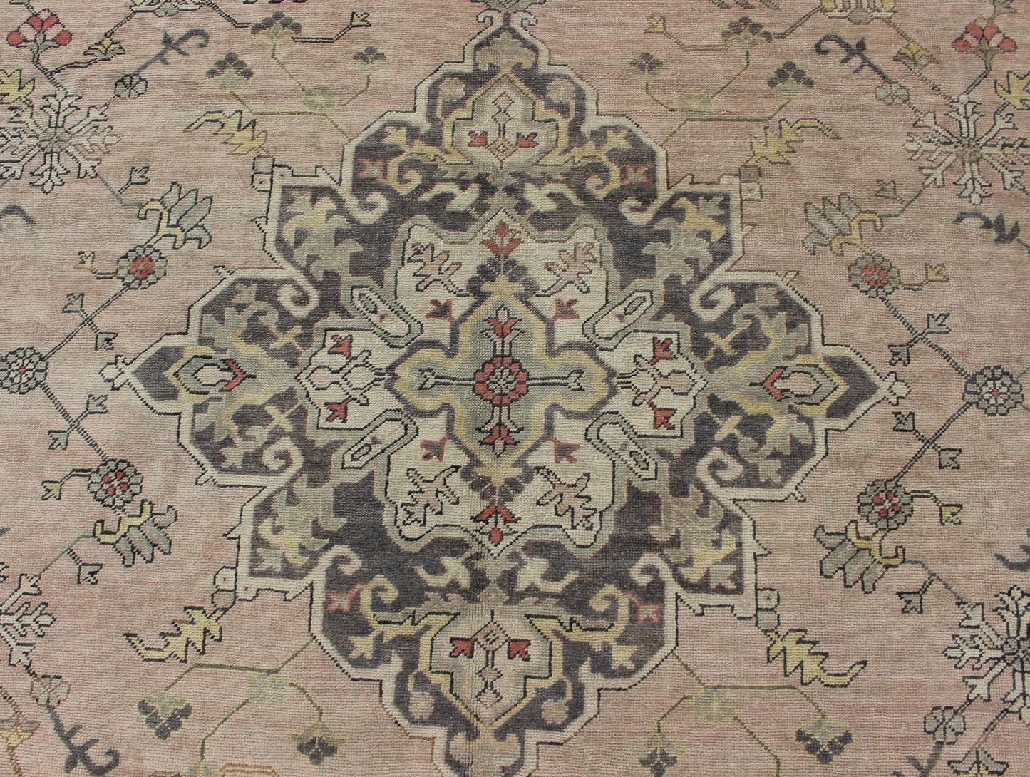 Antique Hand - Knotted Turkish Medallion Oushak in Blush, Ivory and Charcoal. Keivan Woven Arts: rug EN - 176497, Country of Origin: Turkey; Type: Oushak; Design: Diamond Medallion, Oushak Medallion Measures: 9'9 x 11'10 This striking vintage Turkish... - Keivan Woven ArtsEN - 176497 - 11020Rug