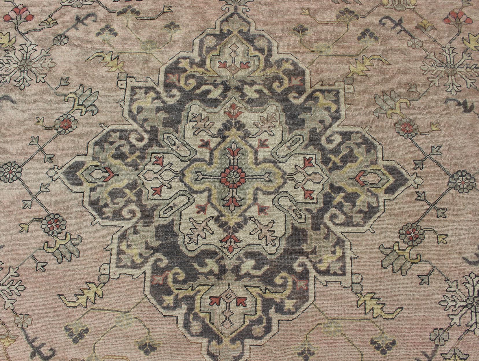 Antique Hand - Knotted Turkish Medallion Oushak in Blush, Ivory and Charcoal. Keivan Woven Arts: rug EN - 176497, Country of Origin: Turkey; Type: Oushak; Design: Diamond Medallion, Oushak Medallion Measures: 9'9 x 11'10 This striking vintage Turkish... - Keivan Woven ArtsEN - 176497 - 11020Rug