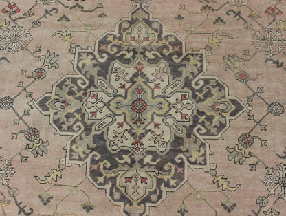 Antique Hand - Knotted Turkish Medallion Oushak in Blush, Ivory and Charcoal. Keivan Woven Arts: rug EN - 176497, Country of Origin: Turkey; Type: Oushak; Design: Diamond Medallion, Oushak Medallion Measures: 9'9 x 11'10 This striking vintage Turkish... - Keivan Woven ArtsEN - 176497 - 11020Rug
