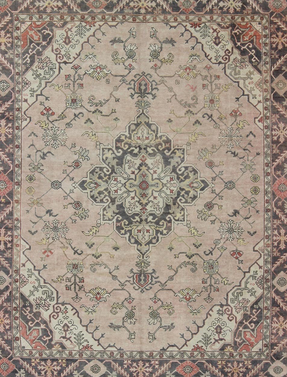 Antique Hand - Knotted Turkish Medallion Oushak in Blush, Ivory and Charcoal. Keivan Woven Arts: rug EN - 176497, Country of Origin: Turkey; Type: Oushak; Design: Diamond Medallion, Oushak Medallion Measures: 9'9 x 11'10 This striking vintage Turkish... - Keivan Woven ArtsEN - 176497 - 11020Rug