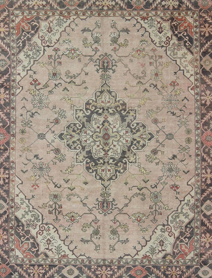 Antique Hand - Knotted Turkish Medallion Oushak in Blush, Ivory and Charcoal. Keivan Woven Arts: rug EN - 176497, Country of Origin: Turkey; Type: Oushak; Design: Diamond Medallion, Oushak Medallion Measures: 9'9 x 11'10 This striking vintage Turkish... - Keivan Woven ArtsEN - 176497 - 11020Rug