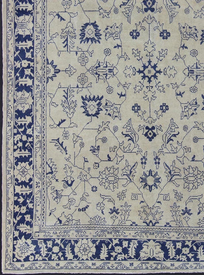 Elegant Floral Vintage Oushak in Blue and Cream with All - Over Design kwarugs All - over design Turkish rug with small - scale flowers, rug en - 176498, country of origin / type: Turkey / Oushak, circa 1940 This vintage Turkish Oushak rug featur... - Keivan Woven ArtsEN - 176498 - 11393Rug