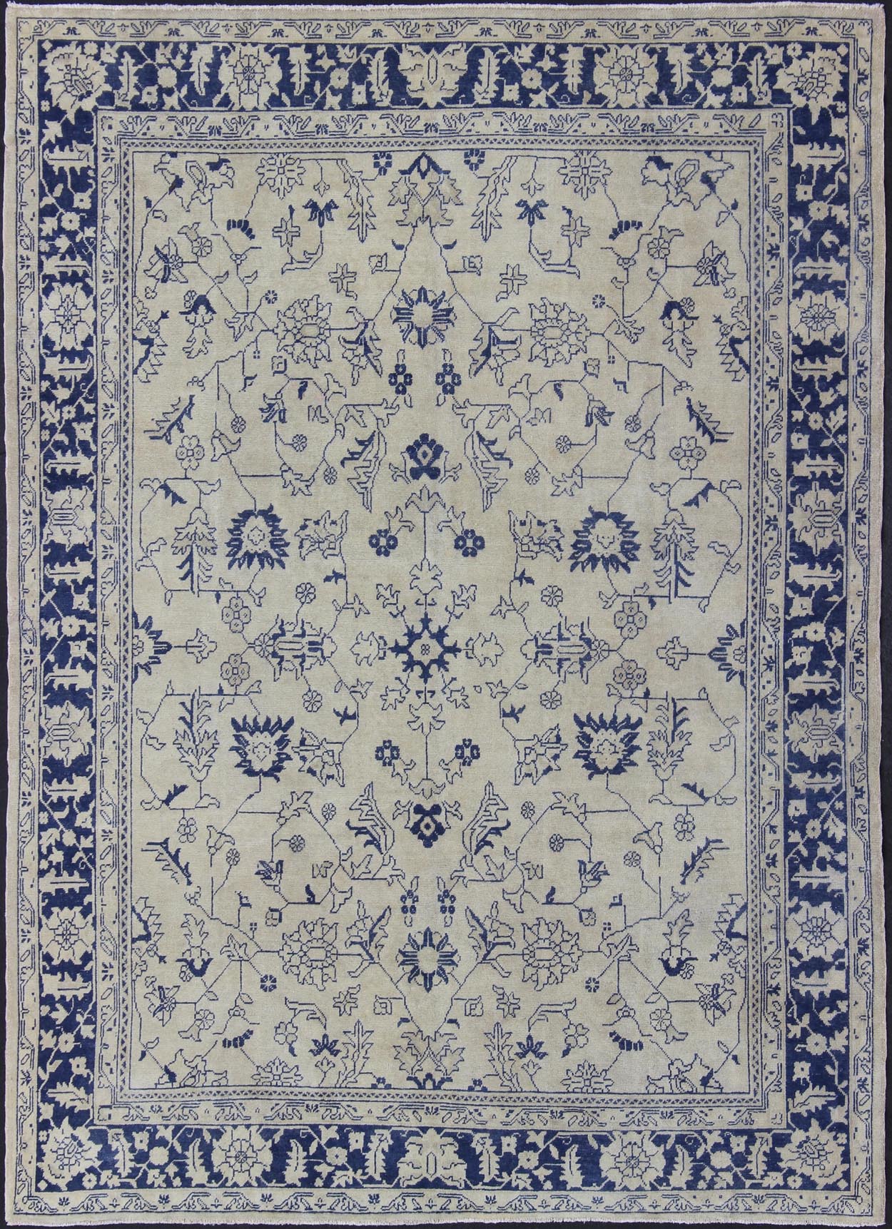 Elegant Floral Vintage Oushak in Blue and Cream with All - Over Design kwarugs All - over design Turkish rug with small - scale flowers, rug en - 176498, country of origin / type: Turkey / Oushak, circa 1940 This vintage Turkish Oushak rug featur... - Keivan Woven ArtsEN - 176498 - 11393Rug