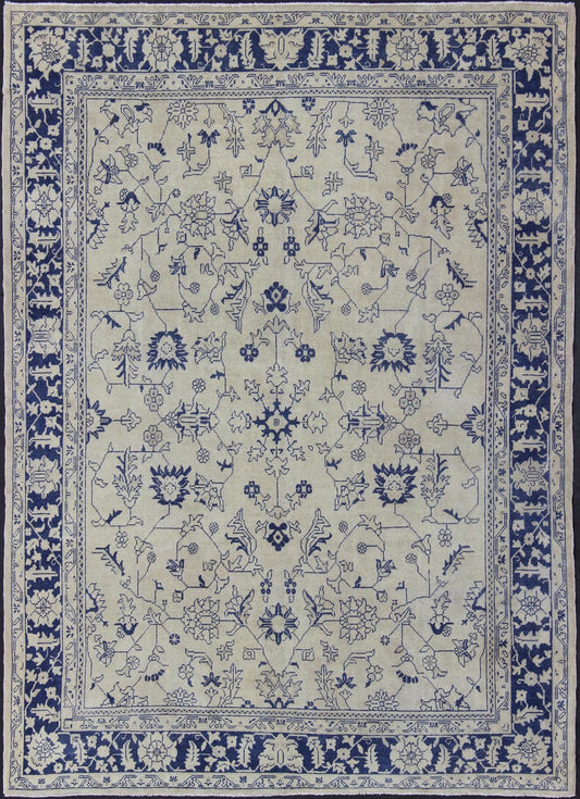 Elegant Floral Vintage Oushak in Blue and Cream with All - Over Design kwarugs All - over design Turkish rug with small - scale flowers, rug en - 176498, country of origin / type: Turkey / Oushak, circa 1940 This vintage Turkish Oushak rug featur... - Keivan Woven ArtsEN - 176498 - 11393Rug