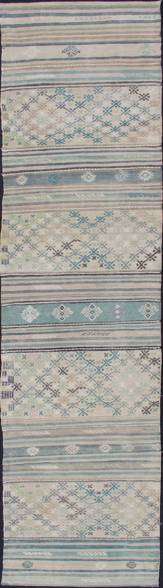 Turkish Oushak Vintage Carpet in Green, Ivory, and Cream, rug en - 176525 - 2, country of origin / type: Turkey / Oushak, circa 1950 This Oushak rug from Turkey features a striped design of various geometric patterns rendered in shades of green, ivo... - Keivan Woven ArtsEN - 176525 - 1 - 11397Rug