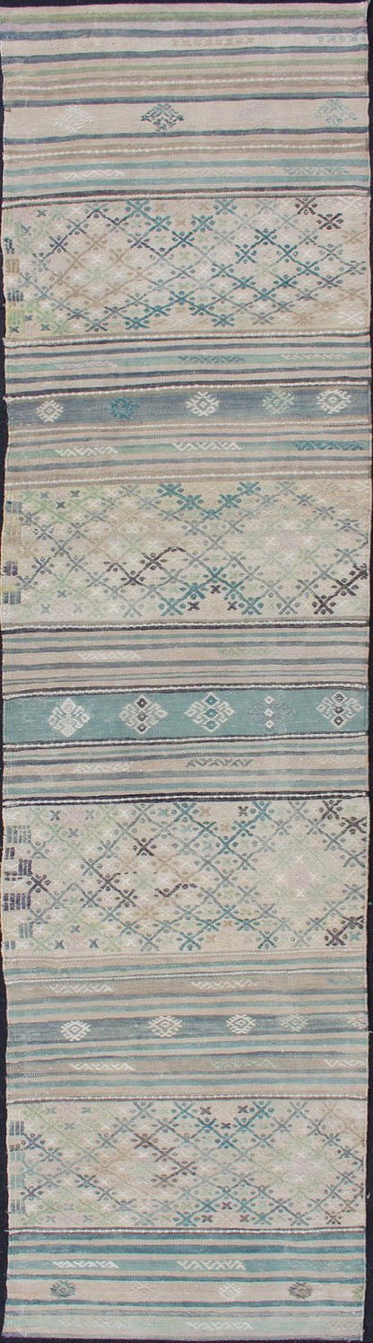 Turkish Oushak Vintage Carpet in Green, Ivory, and Cream, rug en - 176525 - 2, country of origin / type: Turkey / Oushak, circa 1950 This Oushak rug from Turkey features a striped design of various geometric patterns rendered in shades of green, ivo... - Keivan Woven ArtsEN - 176525 - 1 - 11397Rug