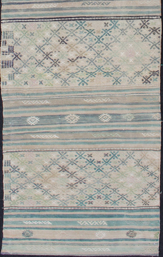 Turkish Oushak Vintage Carpet in Green, Ivory, and Cream, rug en - 176525 - 2, country of origin / type: Turkey / Oushak, circa 1950 This Oushak rug from Turkey features a striped design of various geometric patterns rendered in shades of green, ivo... - Keivan Woven ArtsEN - 176525 - 1 - 11397Rug