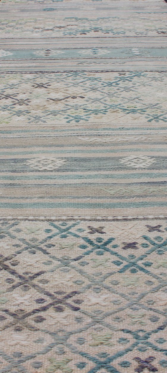 Turkish Oushak Vintage Carpet in Green, Ivory, and Cream, rug en - 176525 - 2, country of origin / type: Turkey / Oushak, circa 1950 This Oushak rug from Turkey features a striped design of various geometric patterns rendered in shades of green, ivo... - Keivan Woven ArtsEN - 176525 - 1 - 11397Rug
